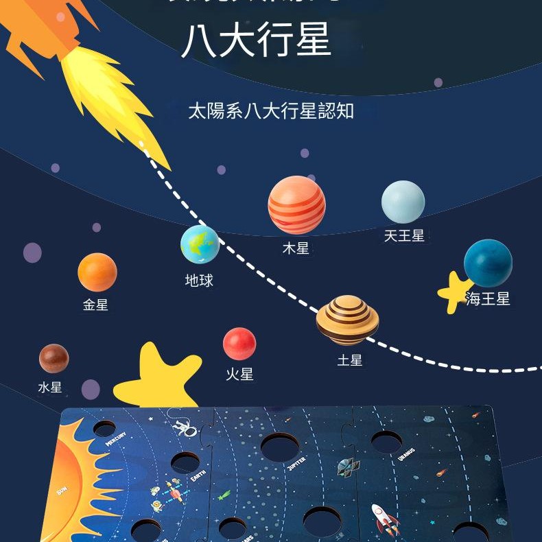兒童 木製 太陽系八大行星 拼圖配對板