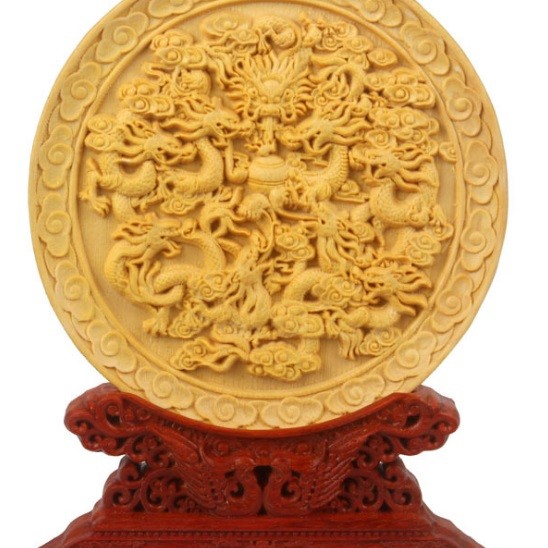 黃楊木 祥龍獻瑞 圓盤擺件