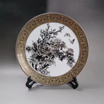 墨彩蝶戀花圖 紋金邊盤 擺件