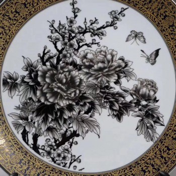墨彩蝶戀花圖 紋金邊盤 擺件