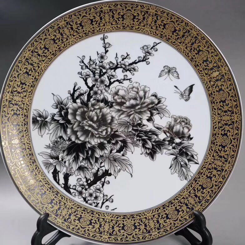 墨彩蝶戀花圖 紋金邊盤 擺件