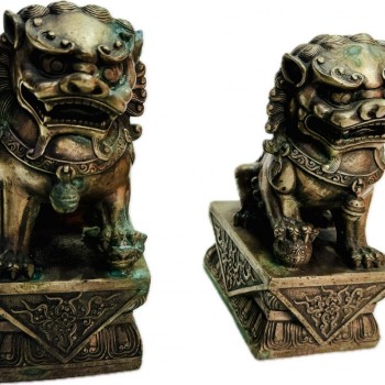 青銅器 銅獅子一對 
