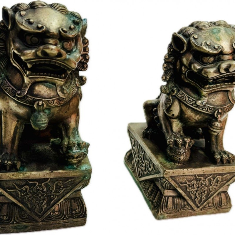 青銅器 銅獅子一對 