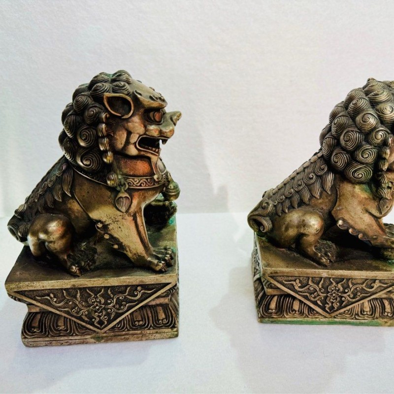 青銅器 銅獅子一對 
