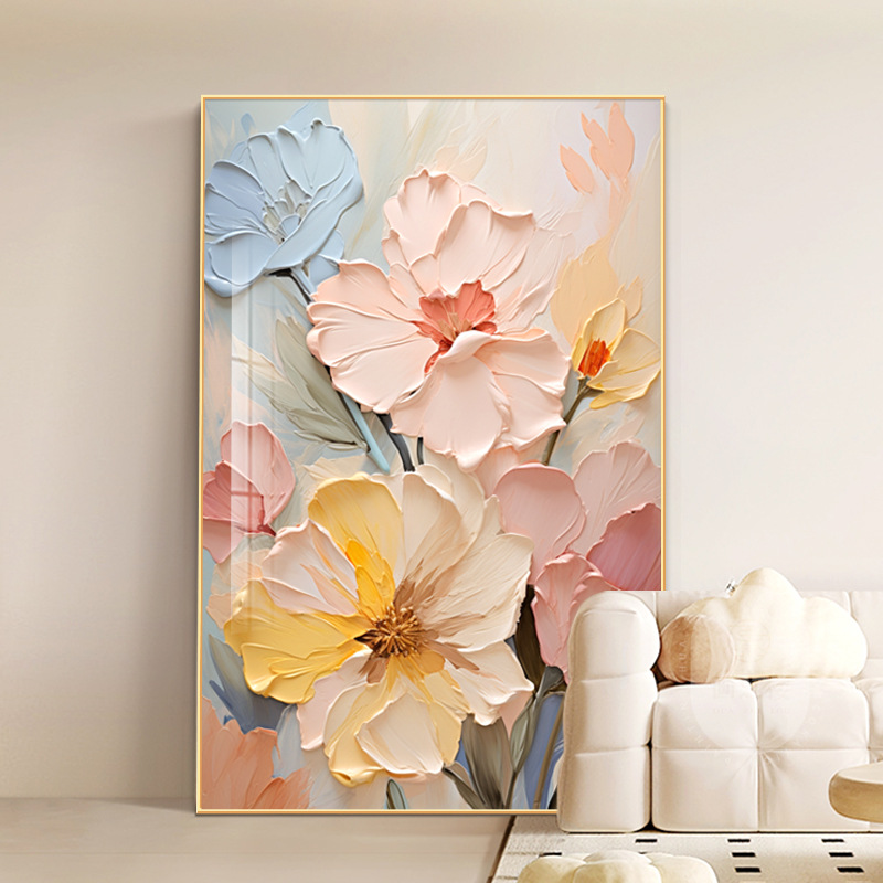 奶油風 花卉 晶瓷面掛畫 裝飾掛畫連鋁畫框 60X80CM