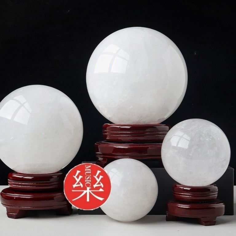 天然水晶球 原石白冰石 連底坐擺件 7CM