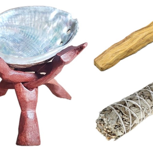 印度紅木支架 鮑魚殼 秘魯聖木條 白鼠尾草 燃燒容器支架 套裝
